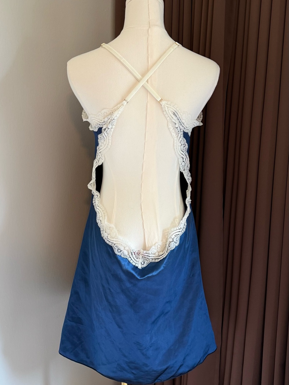 Blue Satin Slip Dress with Ivory Lace Trim